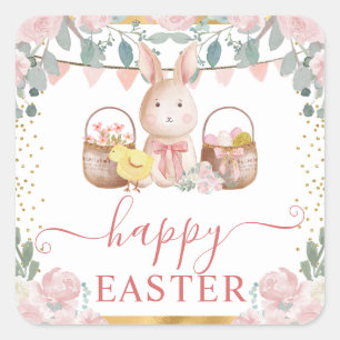 Sticker Carré Lapin à l'aquarelle et fleurs roses