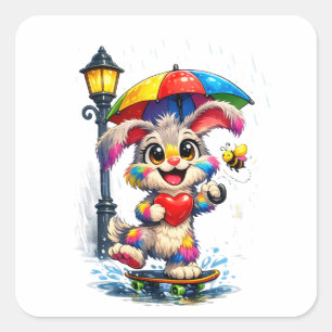 Sticker Carré Lapin arc-en-ciel mignon avec motif parapluie