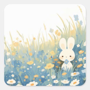 Sticker Carré Lapin avec fleur bleue dans une prairie de fleurs