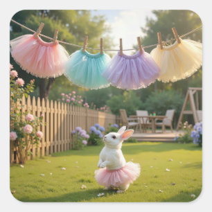 Sticker Carré Lapin blanc portant un tutu rose