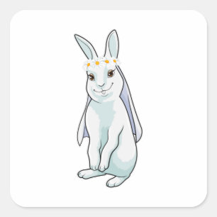Sticker Carré Lapin comme mariée avec couronne de fleurs
