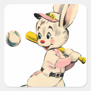Sticker Carré Lapin De Baseball En Rose