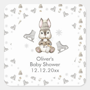 Sticker Carré Lapin de bois d'hiver Baby Shower de patin à glace
