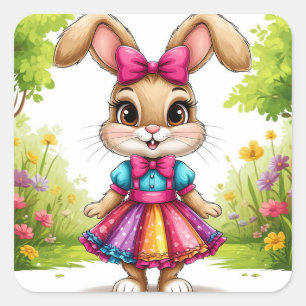 Sticker Carré Lapin de dessin animé mignon en robe colorée