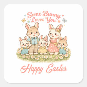 Sticker Carré Lapin de famille fantaisiste à l'aquarelle Joyeuse