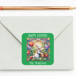 Sticker Carré Lapin de jardin élégant Art Nouveau de Pâques vert