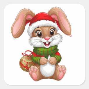 Sticker Carré Lapin de Noël adorable avec un chapeau de Père Noë
