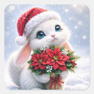 Sticker Carré Lapin de Noël et fleurs Vacances