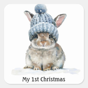Sticker Carré Lapin de Noël personnalisé pour bébé avec chapeau