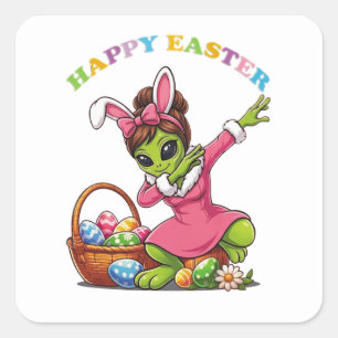 Sticker Carré Lapin de Pâques Alien Drôle Dabant Œuf de Pâques M