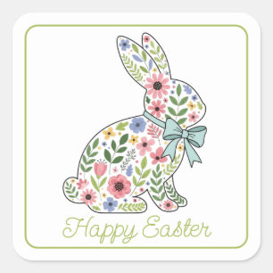Sticker Carré Lapin de Pâques aux fleurs sauvages roses et bleue