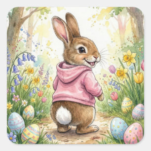 Sticker Carré Lapin de Pâques dans un jardin printanier