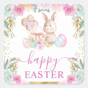 Sticker Carré Lapin de Pâques et fleurs à l'aquarelle