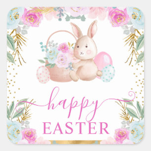 Sticker Carré Lapin de Pâques et fleurs à l'aquarelle