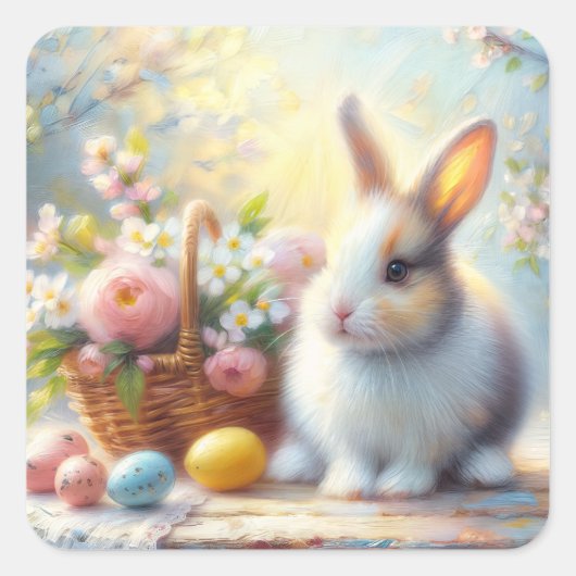 Sticker Carré Lapin de Pâques mignon avec des œufs - Lapin de pr (Devant)