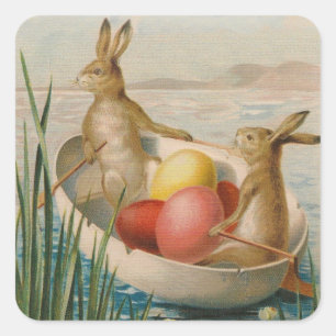Sticker Carré Lapin de Pâques Œuf Coloré Bateau