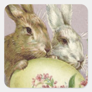 Sticker Carré Lapin de Pâques Oeuf Peint Coloré Fleur Rose