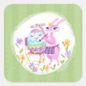 Sticker Carré Lapin de Pâques rose et oeuf | (Devant)