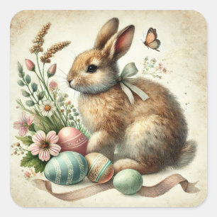 Sticker Carré Lapin de Pâques vintage aquarelle