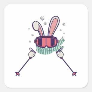 Sticker Carré Lapin de ski avec bâtons de ski et lunettes de ski