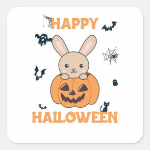 Sticker Carré Lapin En Citrouille De Mignons lapins Joyeux Hallo