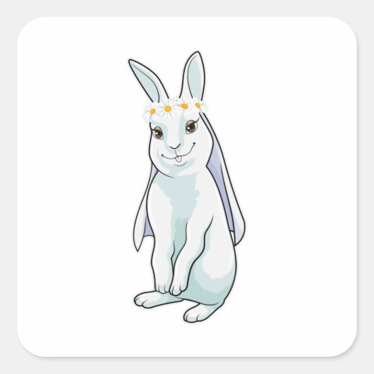 Sticker Carré Lapin en mariée avec couronne de fleurs (Devant)