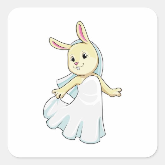 Sticker Carré Lapin en mariée avec voile (Devant)