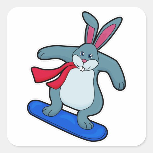 Sticker Carré Lapin en Snowboard avec Snowboard & Scarf (Devant)