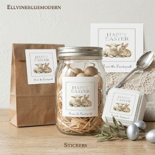 Sticker Carré Lapin et agneau à l'aquarelle vintage Pâques argen