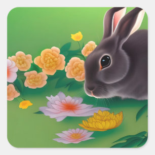 Sticker Carré Lapin et fleurs