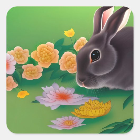 Sticker Carré Lapin et fleurs (Devant)