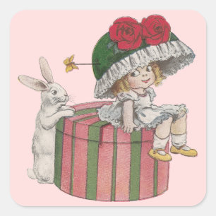 Sticker Carré Lapin et la fille sur une casquette géante Pâques
