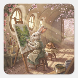 Sticker Carré Lapin Fantaisiste Artiste Peignant sur Chevalet