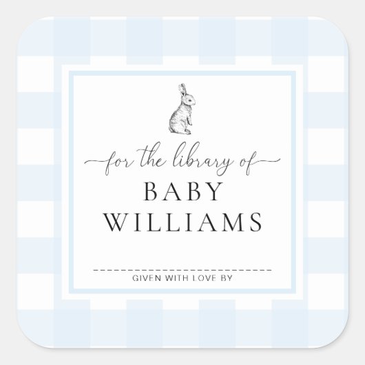 Sticker Carré Lapin Gingham Bleu Pour La Bibliothèque D'ex-Libri (Devant)
