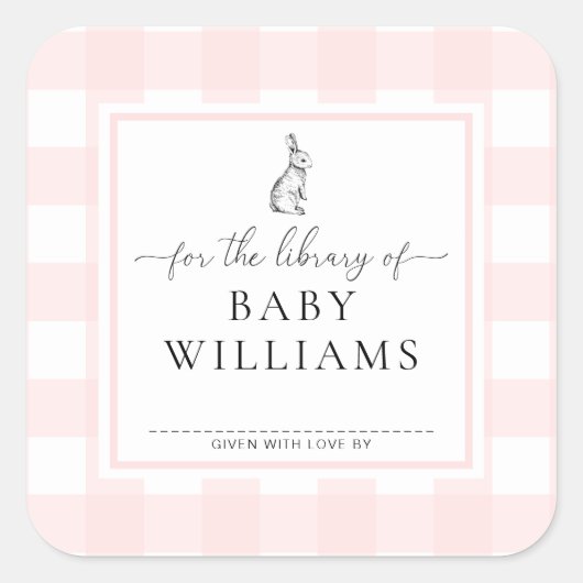 Sticker Carré Lapin Gingham Rose Pour La Bibliothèque De Ex-Libr (Devant)