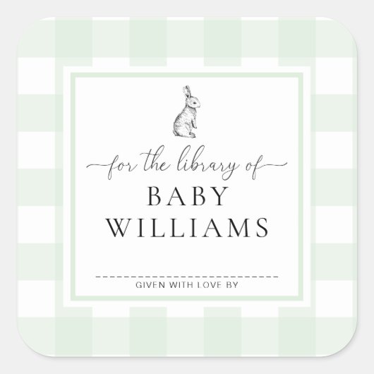 Sticker Carré Lapin Gingham Vert Pour La Bibliothèque D'ex-Libri (Devant)
