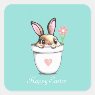 Sticker Carré Lapin intelligent avec fleur et cœur sur fond bleu
