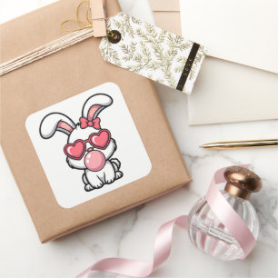 Sticker Carré Lapin Kawaii joueur avec bulle de Bubble Gum