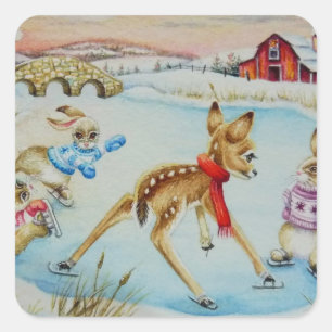 Sticker Carré Lapin lapins et patinage sur glace Fawn Aquarelle