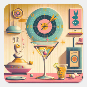 Sticker Carré Lapin Martini Rétro Futuriste du Milieu du Siècle