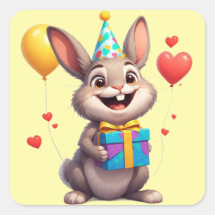 Sticker Carré 🐰 Lapin Mignon Avec Cadeau D'anniversaire