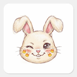 Sticker Carré Lapin mignon clignant d'œil Bonbon Maïs Visage Dou