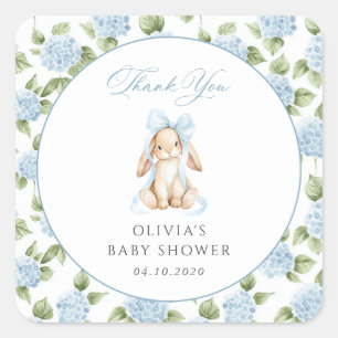 Sticker Carré Lapin Mignon, Nœud Bleu, Fleurs Bleues, Baby Showe