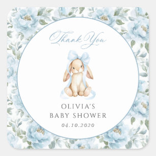 Sticker Carré Lapin Mignon, Nœud Bleu, Fleurs Bleues, Baby Showe