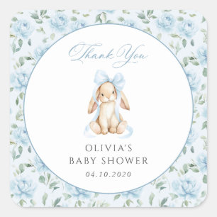 Sticker Carré Lapin Mignon, Nœud Bleu, Fleurs Bleues, Baby Showe