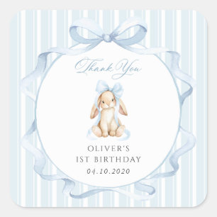 Sticker Carré Lapin Mignon, Nœud Bleu, Rayures Bleues, Premier A