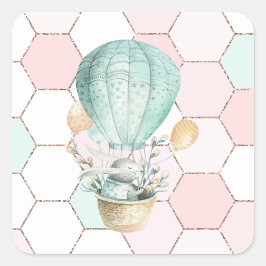 Sticker Carré Lapin Mignonne En Ballon À Air | Motif Hexagon (Devant)