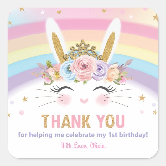Sticker Carré Lapin Mignonne Lapin Anniversaire Merci Favoriser (Devant)
