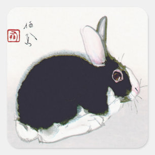 Sticker Carré Lapin noir et blanc vintage, Art japonais