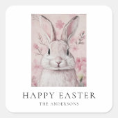 Sticker Carré Lapin rose avec fleur Pâques (Devant)